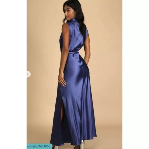 Lulu's Women's XS Classic Elegance Blue Satin Sleeveless Mock Neck Maxi Dress - Picture 10 of 11